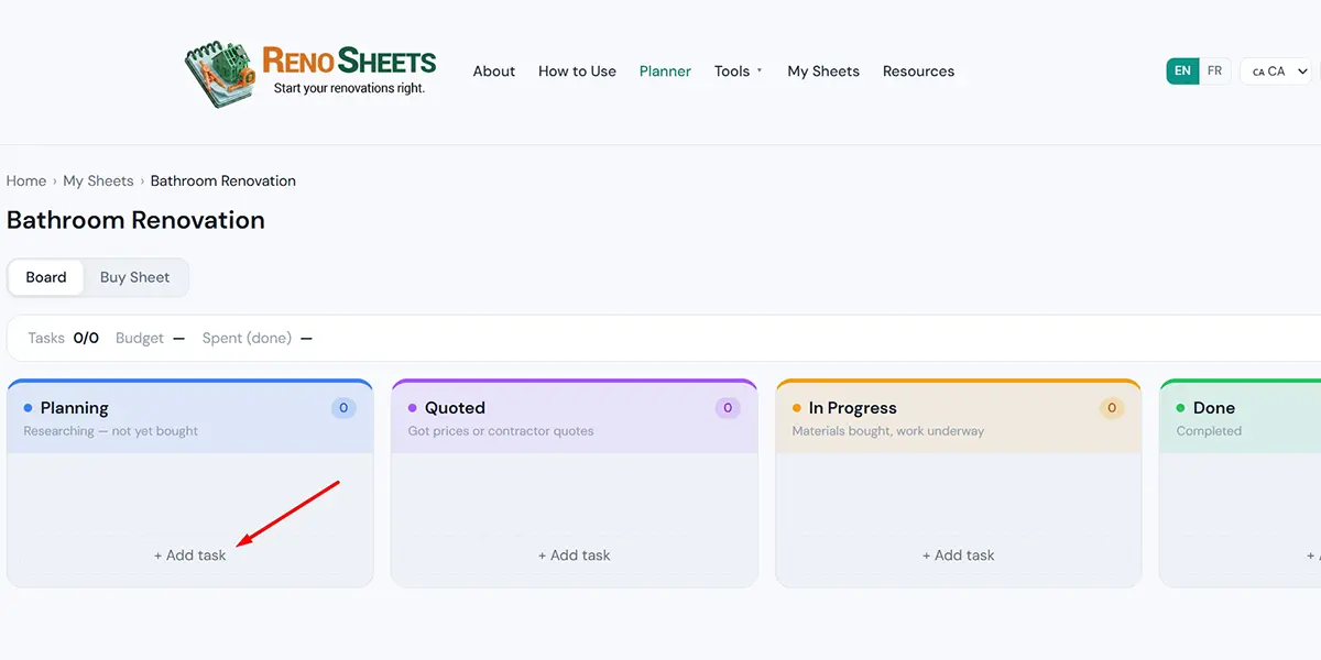 The card-add form open inside the Planning column, with a name field, colour swatches, and a due-date picker.