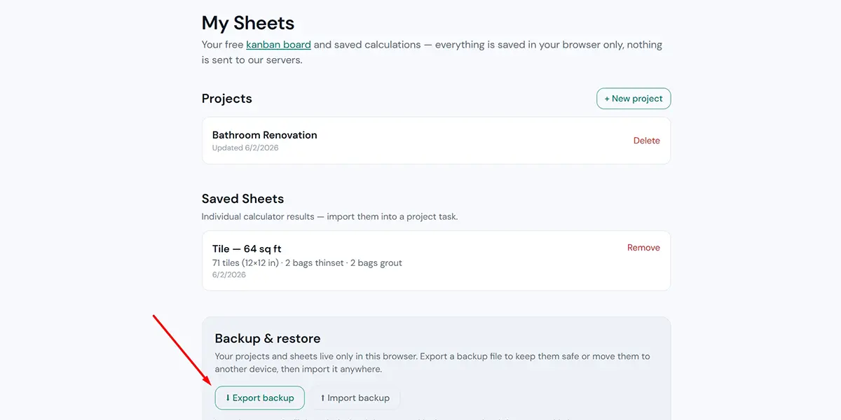 The settings menu with the "Export backup" and "Import backup" buttons highlighted.